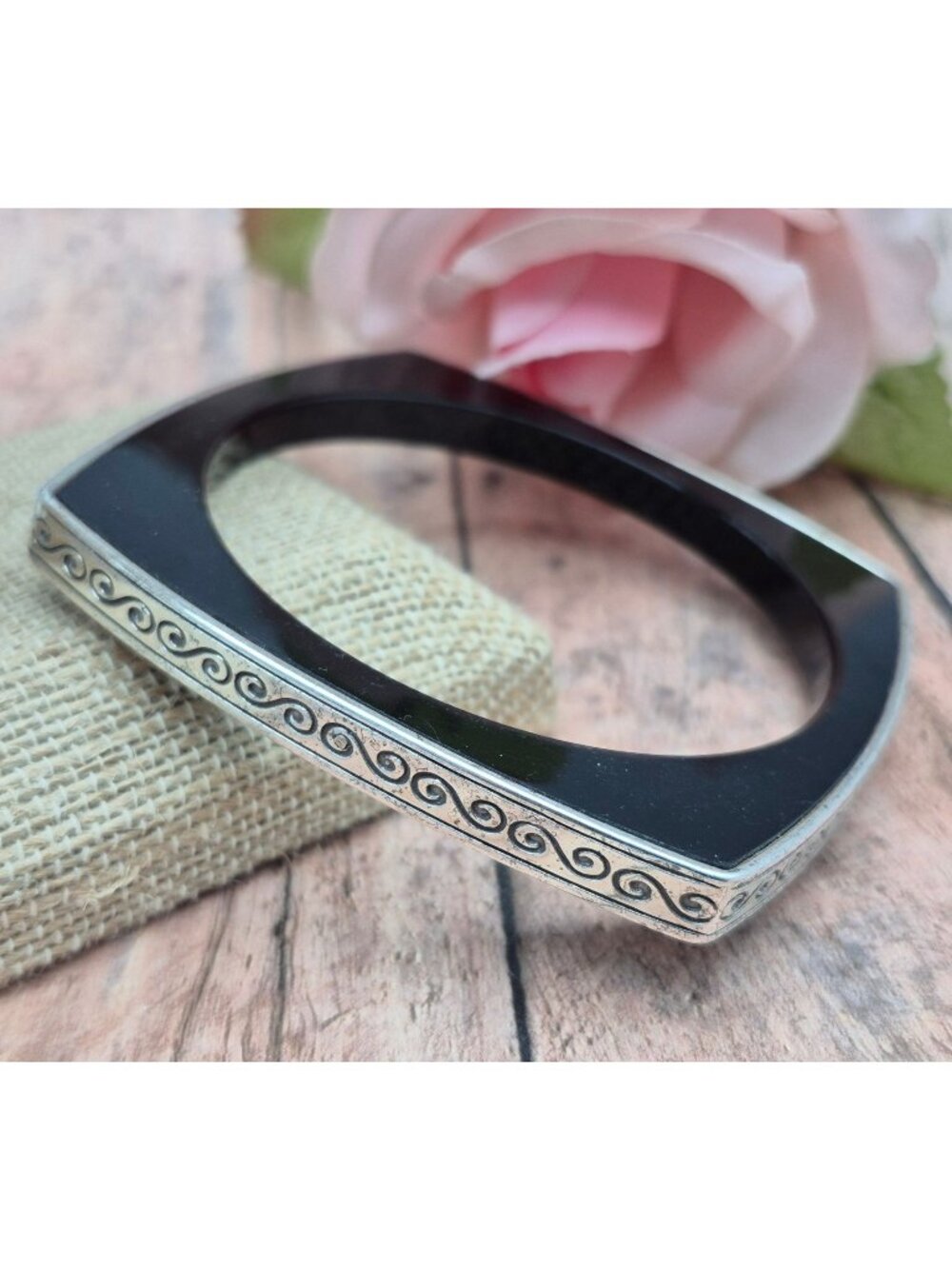 Brighton Black & Silver Etched Scroll Square Bangle Bracelet Unique Fun Design
